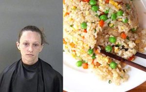 Woman covers man in pork fried rice at China No. 1 restaurant in Vero Beach.