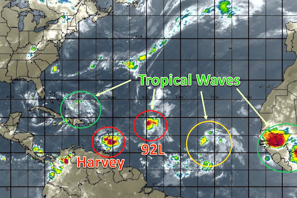Tropical Storm Harvey and several Tropical Waves are currently in the Atlantic during a busy 2017 Hurricane Season.
