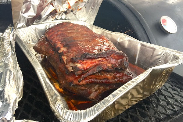 Ribs cooking on the smoker.