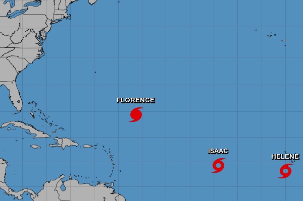 Hurricane Florence, Tropical Storm Isaac, and Tropical Storm Helene all tracking away from Florida.