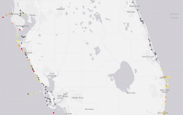 A red tide map by FWC on status updates in Sebastian and Vero Beach, Florida.