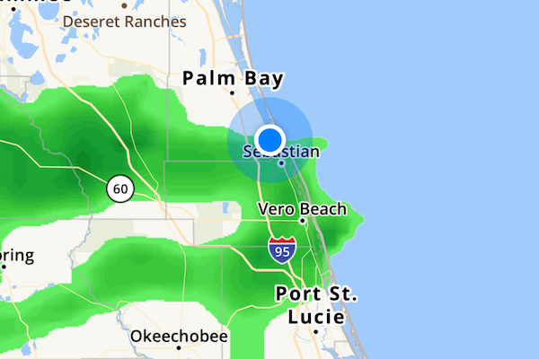Colder temperates with rain coming to Sebastian, Florida.