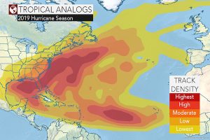 A heat map for the 2019 Atlantic Hurricane Season.