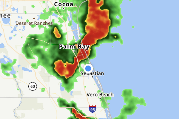 Severe thunderstorm warning for Barefoot Bay, Micco, and Sebastian, Florida.