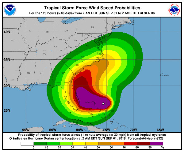 Hurricane Dorian expected wind speeds.