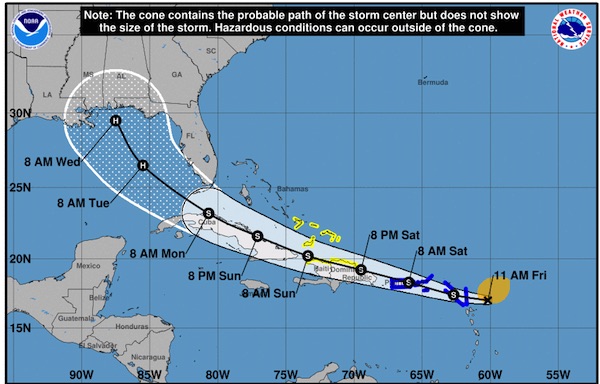Tropical Storm Laura path and tracking.