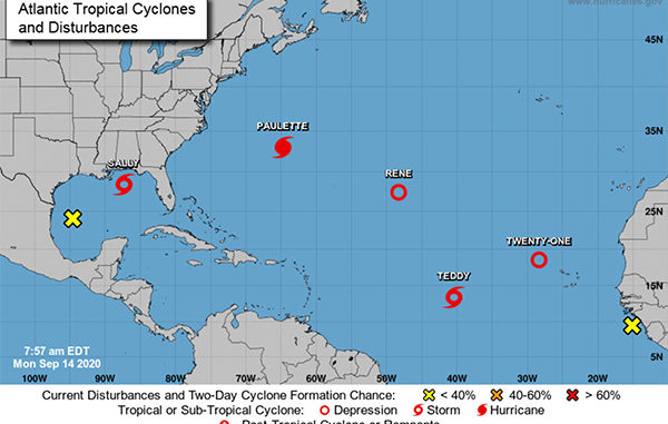 Several tropical cyclones and disturbances currently in the Atlantic and Gulf of Mexico.