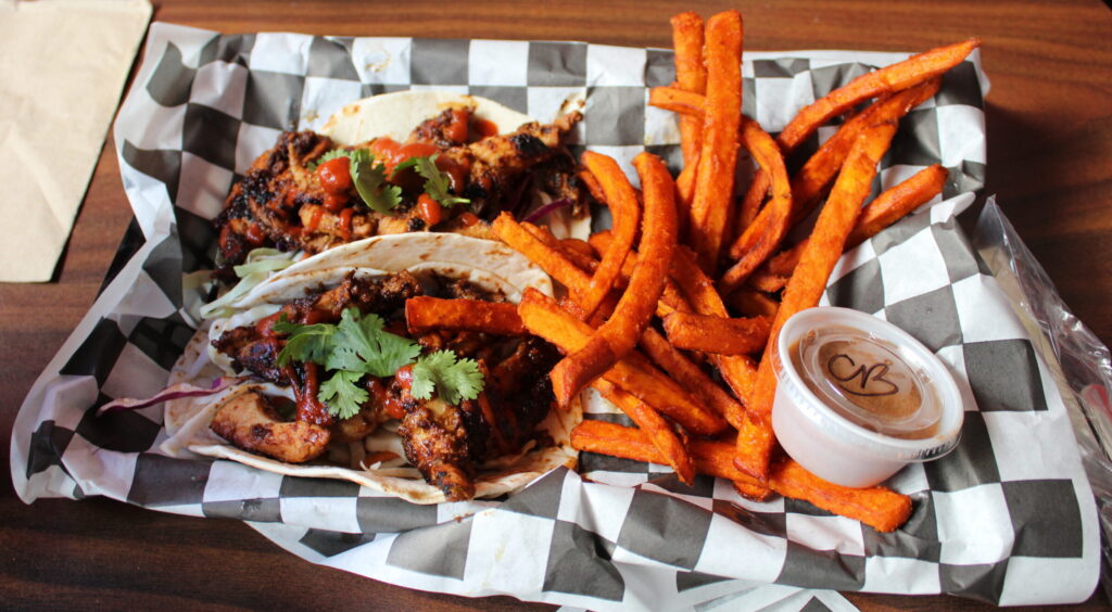 Ski's (OMG) Korean Chicken Tacos with sweet potato fries