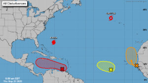 Current map of storms in the Atlantic and Caribbean Sea. (NOAA)