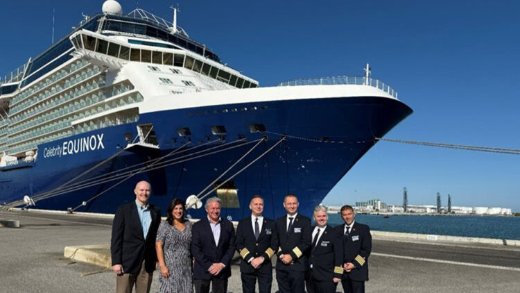 (L-R) Port Canaveral Board Commissioner Fritz VanVolkenburg. Celebrity Cruises VP of Sales Jennifer Suarez, Port Canaveral Director and CEO Capt. John Murray, Celebrity Equinox Captain Nikolaos Frantzis and the shipboard leadership team pose for a group photo dockside prior to Saturday’s festivities. (Credit: Canaveral Port Authority)