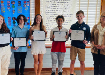 Pictured Left to Right: Mallory Erickson, John Bailey, Jeanna Antinozzi, Keino Jackson, Eli Parrott with Kim Prado, Sebastian Exchange Club Student Awards Chairman)