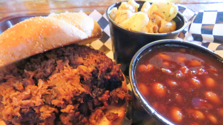 BBQ sandwich with baked beans and mac & cheese at Rib City in Grant