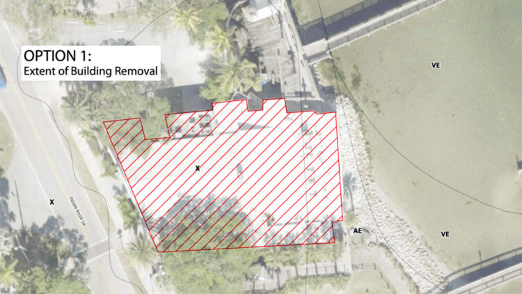 Option 1 is to tear down the old Hurricane Harbor building at Fishermen's landing, citing structural damage.