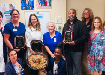 Orlando Health Melbourne Hospital and Orlando Health Sebastian River Hospital were among four Orlando Health Healogics wound care centers to receive the Center of Distinction award for excellent care. Wound care center staff from Sebastian River Hospital are joined by hospital leadership to celebrate their third year in a row as a Healogics Center of Distinction. Back row, from left to right, Christina McGuirk, CNO; Dana Miller, RN; Dawn Davidson-Jockovich, Medical Director; Cathy Bahrakis, Patient Navigator; Chris Davis, Program Director; Denise Schmidt, Life Safety Specialist; Valerie Rignola, HR; Lori Jagniecki, Infection Preventionist. Front row, left to right: Jennifer Arma, LPN; Keneha Barber, Environmental Services Supervisor.