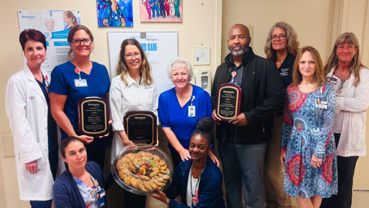 Orlando Health Melbourne Hospital and Orlando Health Sebastian River Hospital were among four Orlando Health Healogics wound care centers to receive the Center of Distinction award for excellent care. Wound care center staff from Sebastian River Hospital are joined by hospital leadership to celebrate their third year in a row as a Healogics Center of Distinction. Back row, from left to right, Christina McGuirk, CNO; Dana Miller, RN; Dawn Davidson-Jockovich, Medical Director; Cathy Bahrakis, Patient Navigator; Chris Davis, Program Director; Denise Schmidt, Life Safety Specialist; Valerie Rignola, HR; Lori Jagniecki, Infection Preventionist. Front row, left to right: Jennifer Arma, LPN; Keneha Barber, Environmental Services Supervisor.