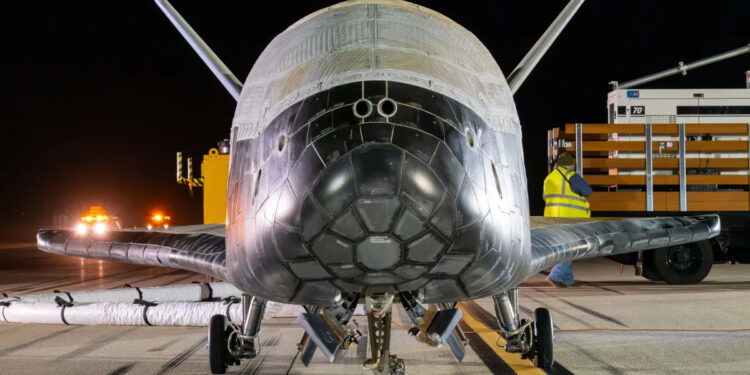 Secretive X-37B space plane, a robotic vehicle resembling a miniature space shuttle. (Image credit: US Space Force)