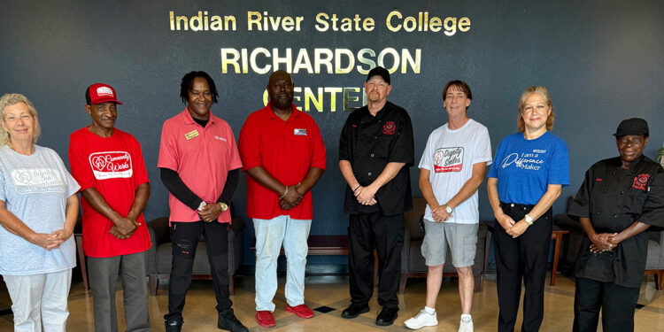 Left to right: Dignity Jobs – Georgette, Community Works – Pernell, Dignity Hospitality –Sam, Dignity Bus – Sherman, Dignity Food Truck – Kenny, Dignity Smiles – Russell, Dignity Wellness – Marilyn, and Dining with Dignity-Sheila.