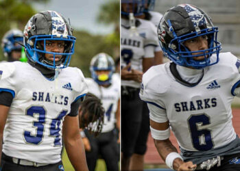 Sebastian River High School Sharks football players of the week are seniors Devon Dawkins (left) and Nicholas Hernandez (right)