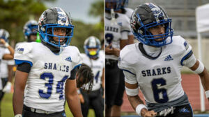 Sebastian River High School Sharks football players of the week are seniors Devon Dawkins (left) and Nicholas Hernandez (right)