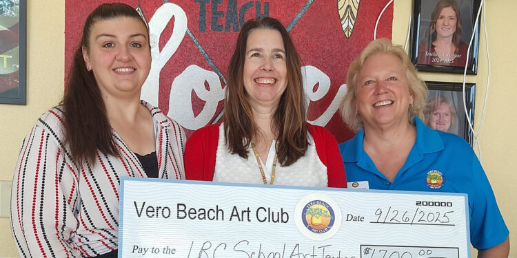 Vero Beach Elementary Art Teacher Lauren Lupo, Principal Sarah Van Brimmer and Vero Beach Art Club President Michelle Nevaeh.