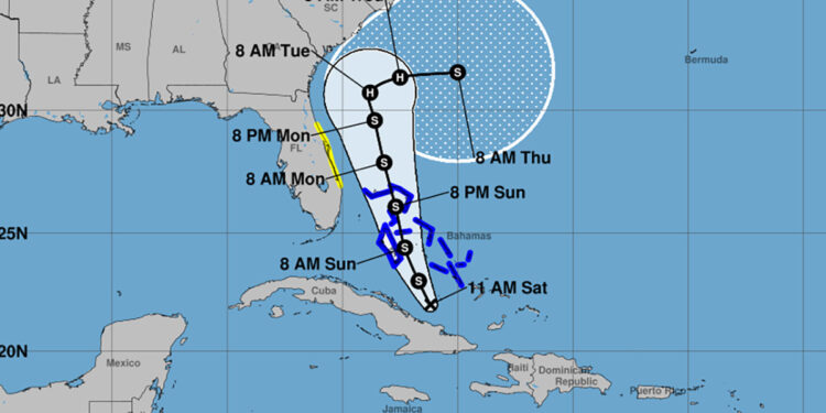 Tropical Cyclone Nine is forecast to bring heavy rainfall, gusty winds, and hazardous marine conditions to Sebastian and Vero Beach as it travels offshore past Florida. (Credit: NHC)