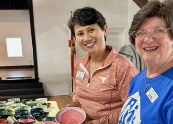 Samaritan Center volunteers: Lisa Parr (left) and Karen Egan (right) show off one-of-a-kind Soup Bowl pottery made by potters at Indian River Clay to help homeless families.