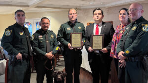 Pictured: Sheriff Eric Flowers and IRCSO Deputies hold the Ted Brown Award for Sgt Terri Mashkow and David Long alongside Taxpayers Association President Lance Lunceford and Vice President Heather Jordan