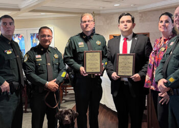 Pictured: Sheriff Eric Flowers and IRCSO Deputies hold the Ted Brown Award for Sgt Terri Mashkow and David Long alongside Taxpayers Association President Lance Lunceford and Vice President Heather Jordan