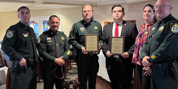 Pictured: Sheriff Eric Flowers and IRCSO Deputies hold the Ted Brown Award for Sgt Terri Mashkow and David Long alongside Taxpayers Association President Lance Lunceford and Vice President Heather Jordan