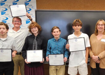 L-R: Jake Plate, Tyler Hendricksen, Gwinevere Hall, Thomas Hand, Blake Bruckner, and Youth Awards Chair Kim Prado