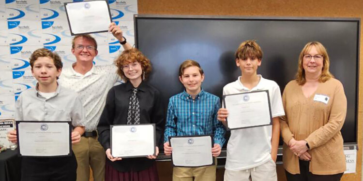 L-R: Jake Plate, Tyler Hendricksen, Gwinevere Hall, Thomas Hand, Blake Bruckner, and Youth Awards Chair Kim Prado
