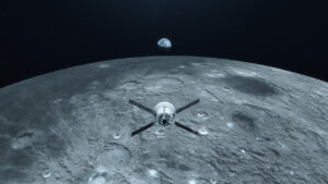 Artist concept of the Artemis II mission as they conduct a lunar flyby, taking astronauts farther from Earth than anyone has been in over 50 years. (NASA)