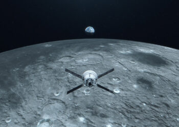 Artist concept of the Artemis II mission as they conduct a lunar flyby, taking astronauts farther from Earth than anyone has been in over 50 years. (NASA)