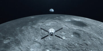 Artist concept of the Artemis II mission as they conduct a lunar flyby, taking astronauts farther from Earth than anyone has been in over 50 years. (NASA)