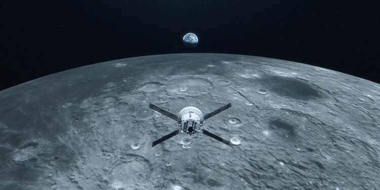 Artist concept of the Artemis II mission as they conduct a lunar flyby, taking astronauts farther from Earth than anyone has been in over 50 years. (NASA)