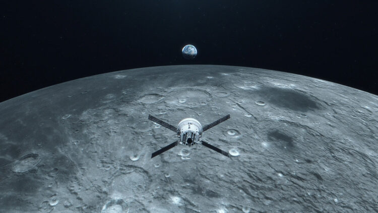 Artist concept of the Artemis II mission as they conduct a lunar flyby, taking astronauts farther from Earth than anyone has been in over 50 years. (NASA)