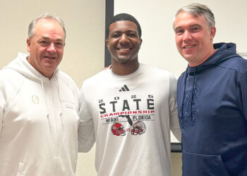 Wonderful "Champ" Monds IV with Notre Dame quarterbacks coach Gino Guidugli and offensive coordinator Mike Denbrock