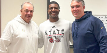 Wonderful "Champ" Monds IV with Notre Dame quarterbacks coach Gino Guidugli and offensive coordinator Mike Denbrock