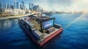 The setup, built atop a maritime vessel, gives fans and players a first-of-its-kind waterfront soccer experience (Photo courtesy of Seattle Sounders FC)