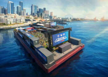 The setup, built atop a maritime vessel, gives fans and players a first-of-its-kind waterfront soccer experience (Photo courtesy of Seattle Sounders FC)