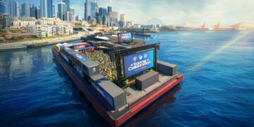 The setup, built atop a maritime vessel, gives fans and players a first-of-its-kind waterfront soccer experience (Photo courtesy of Seattle Sounders FC)