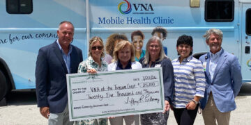 Pictured left to right: VNA & Hospice Foundation Board Chair Michael McGee, Indian River Community Foundation Director of Grants and Nonprofit Services Brooke Sauserman, VNA Director of Community Health Services Elizabeth Sofranko-Adams, VNA & Hospice Foundation Director of Philanthropy Maurika Reed, Indian River Community Foundation Director of Development and Donor Services Yamilet Cendejas, and Visiting Nurse Association of the Treasure Coast CEO Lundy Fields