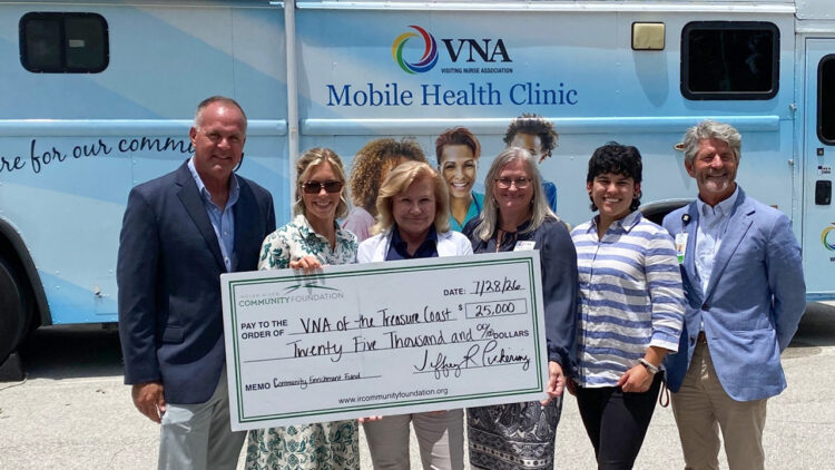 Pictured left to right: VNA & Hospice Foundation Board Chair Michael McGee, Indian River Community Foundation Director of Grants and Nonprofit Services Brooke Sauserman, VNA Director of Community Health Services Elizabeth Sofranko-Adams, VNA & Hospice Foundation Director of Philanthropy Maurika Reed, Indian River Community Foundation Director of Development and Donor Services Yamilet Cendejas, and Visiting Nurse Association of the Treasure Coast CEO Lundy Fields