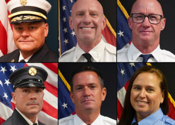 Left to right: Deputy Fire Chief Sean Gibbons, Battalion Chief Michael Bernstein, Lt. James Holbrook, Lt. Ryan Krueger, Lt. Christopher Trent, Engineer Stacy Zedek