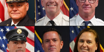 Left to right: Deputy Fire Chief Sean Gibbons, Battalion Chief Michael Bernstein, Lt. James Holbrook, Lt. Ryan Krueger, Lt. Christopher Trent, Engineer Stacy Zedek