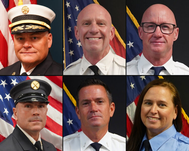Left to right: Deputy Fire Chief Sean Gibbons, Battalion Chief Michael Bernstein, Lt. James Holbrook, Lt. Ryan Krueger, Lt. Christopher Trent, Engineer Stacy Zedek